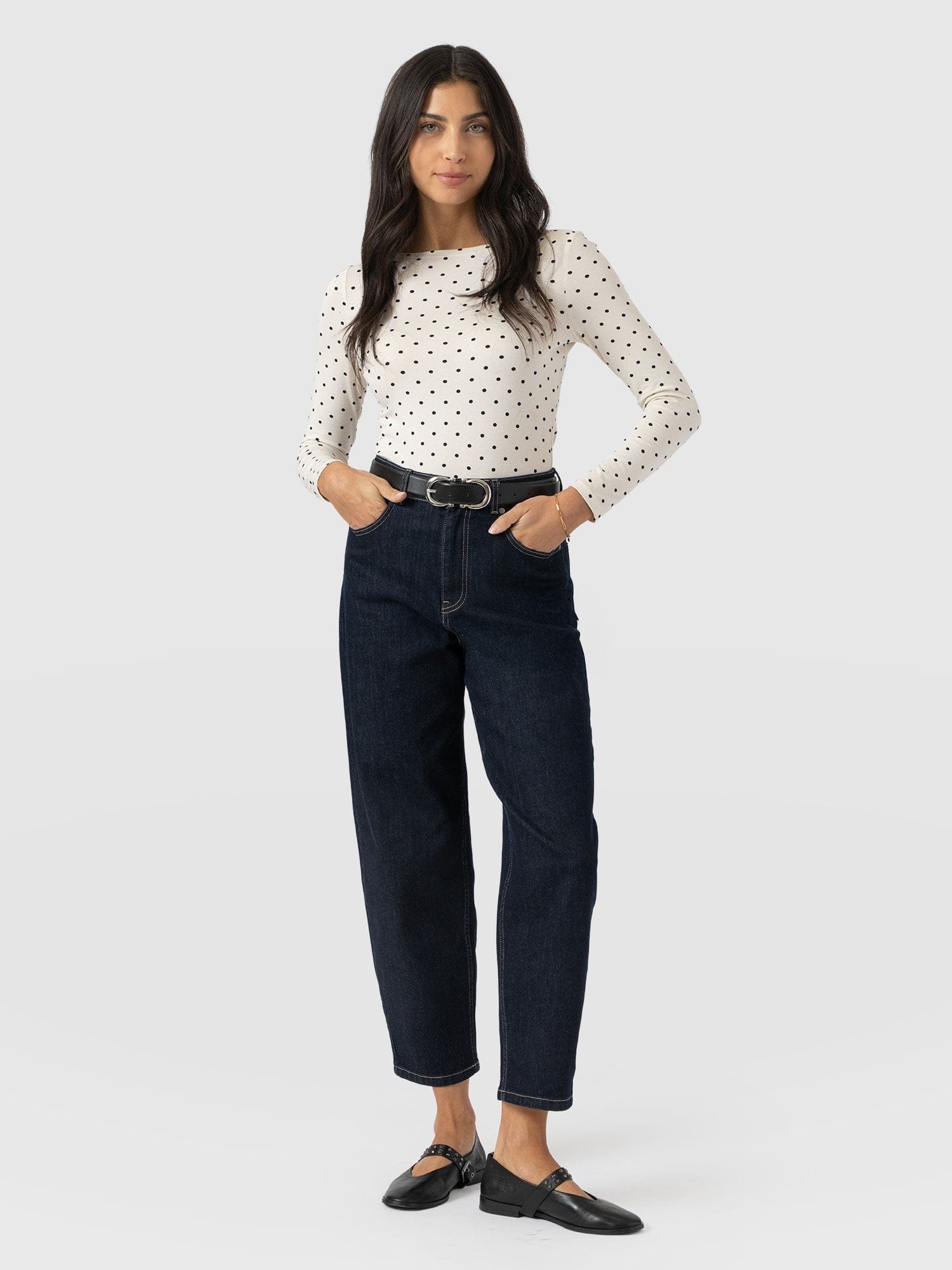 Austen Boat Neck Long Sleeve Tee - Cream Polka Dot - Image 2