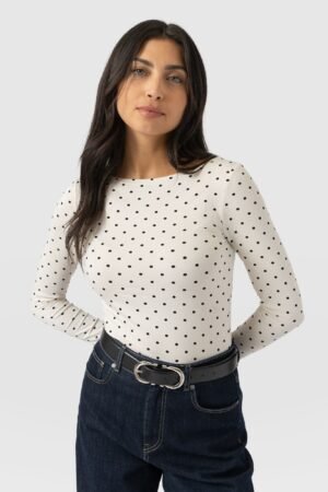 Austen Boat Neck Long Sleeve Tee - Cream Polka Dot