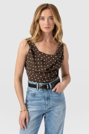 Raye Cowl Cami - Brown Polka Dot